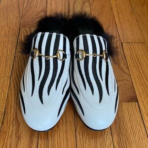 Gucci Stylish Black and White Fur Trimmed Loafers